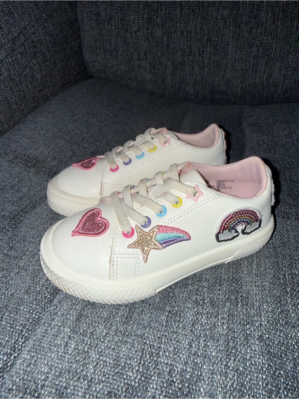 White Kids Sneakers with Pink Lining & Colorful Patch Accents